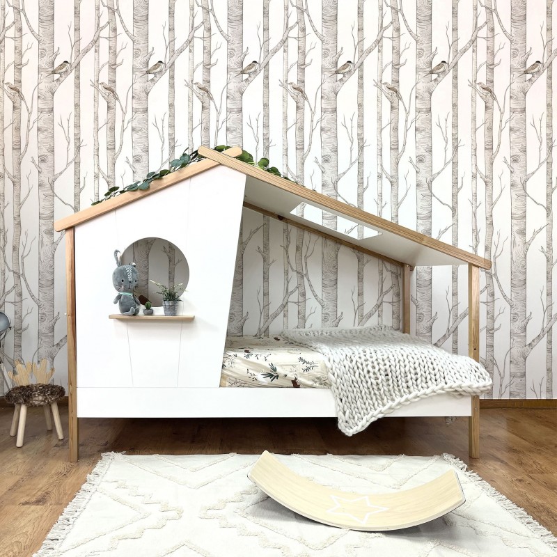 Cama Infantil Casa con Chimenea Barrera de Protección Somieres de Madera de  Pino Cama Casa para Niños, 90 x 200 cm sin Colchón