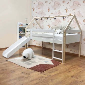 Letto per bambini 90x200cm, Letto a casetta con ripiano, in legno