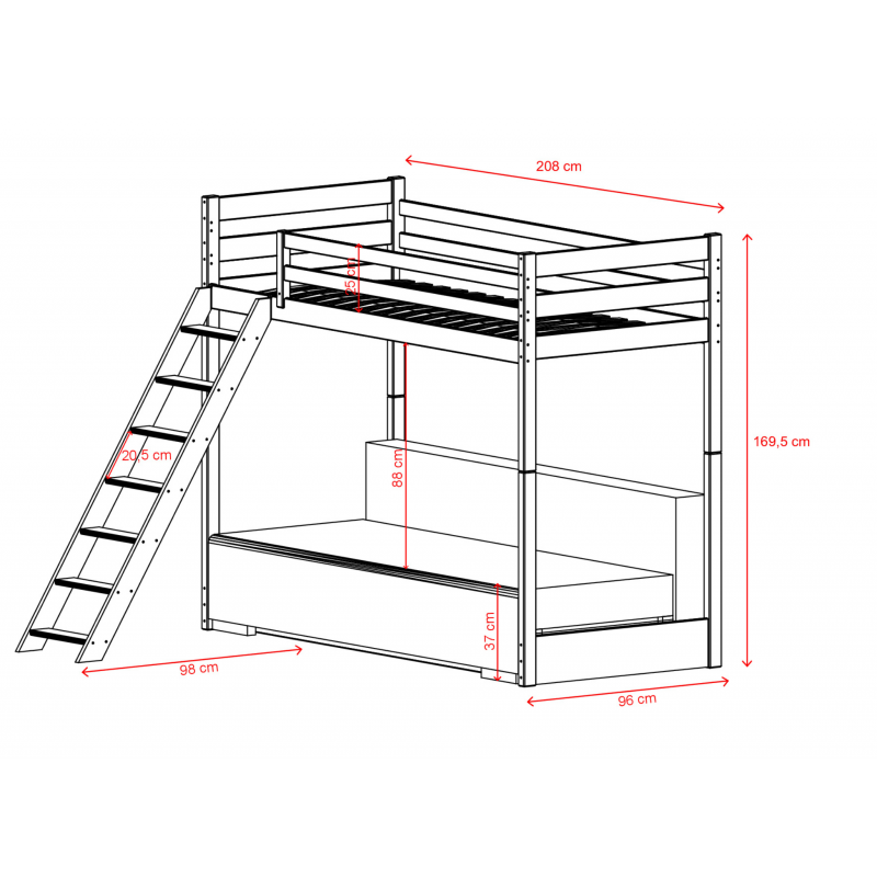 Bunk bed- sofa wood Vidia 170x208x96/140cm