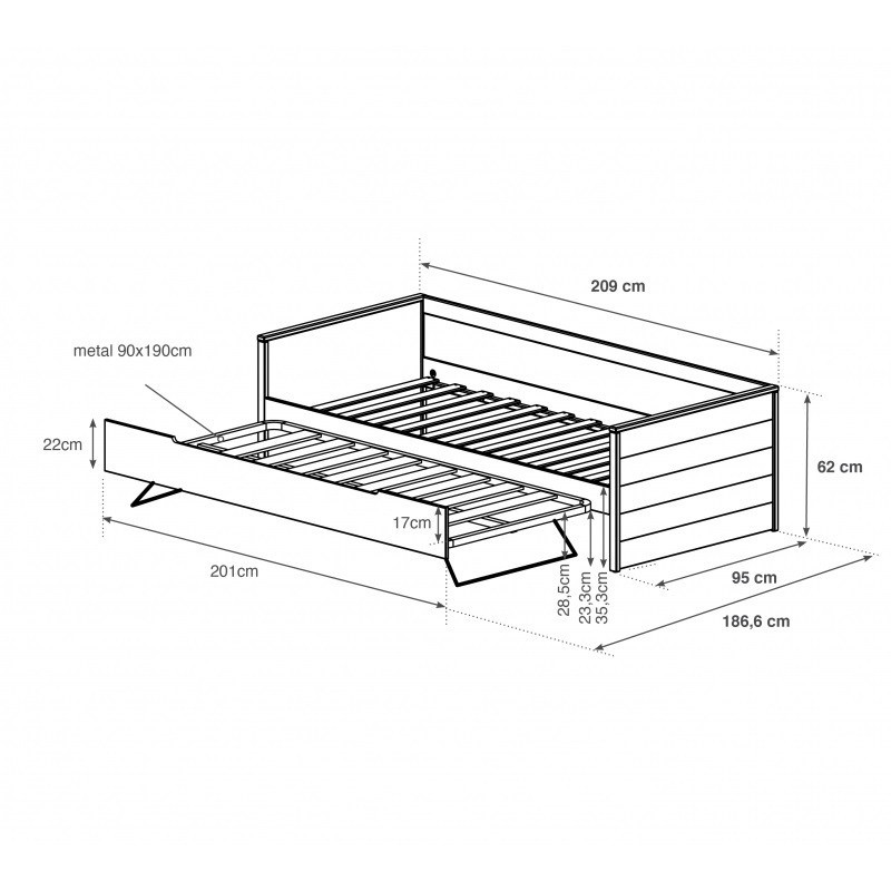 Bed with pull out bed with legs Nala 90x200 cm