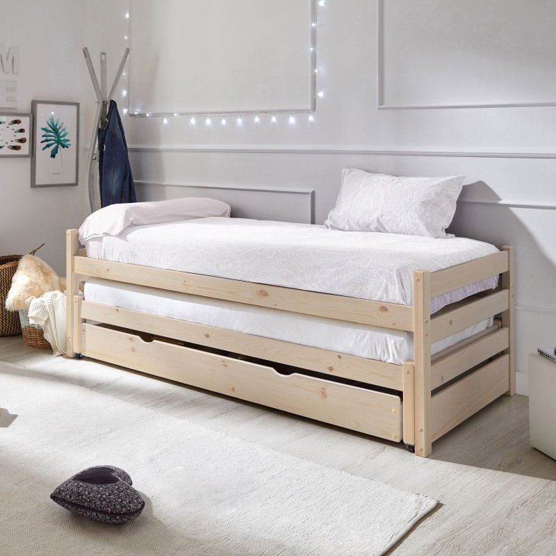 Trundle triple bed white wooden Pepa 90x200 cm