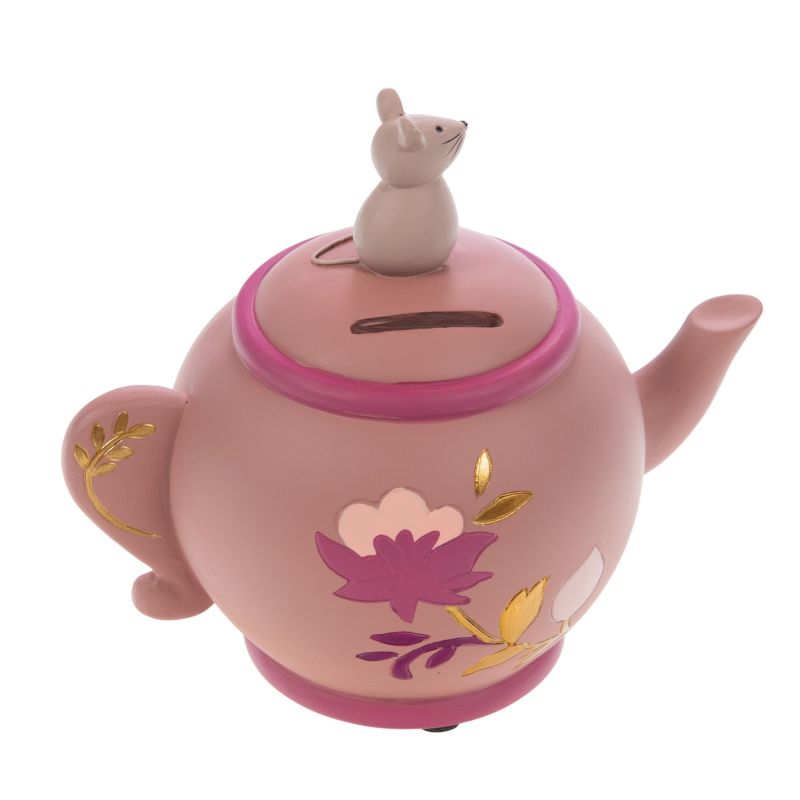 La traducción al inglés sería:"Piggy bank teapot pink Zoe 14x11x16 cm"